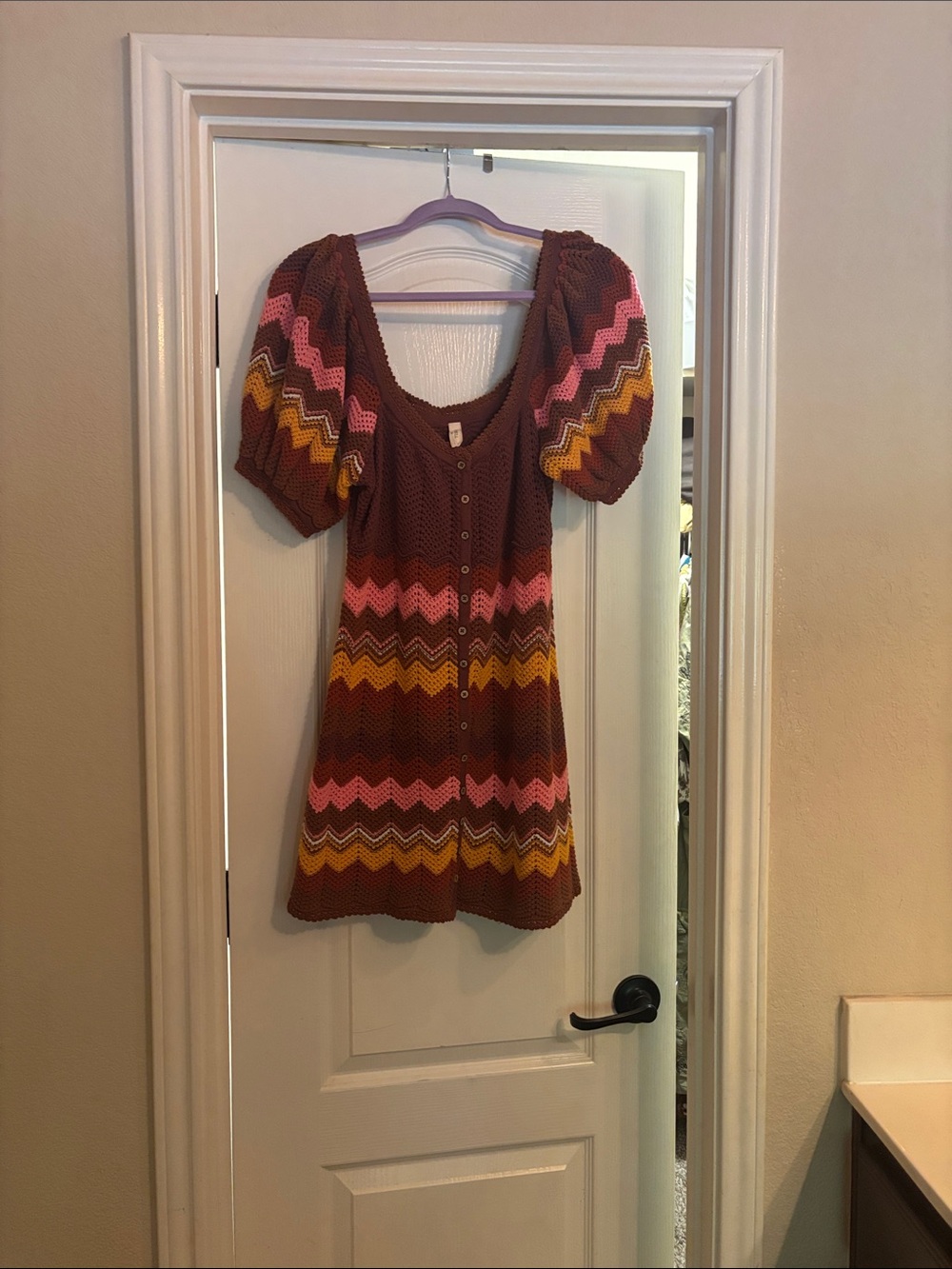 Spell Brown Pink Mustard Zigzag Knit Mini Dress